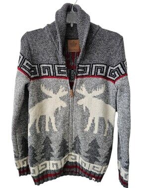 Canadiana Wool Cabincore Moose Gray & Red Knit Full Zip Sweater Jacket Size XS